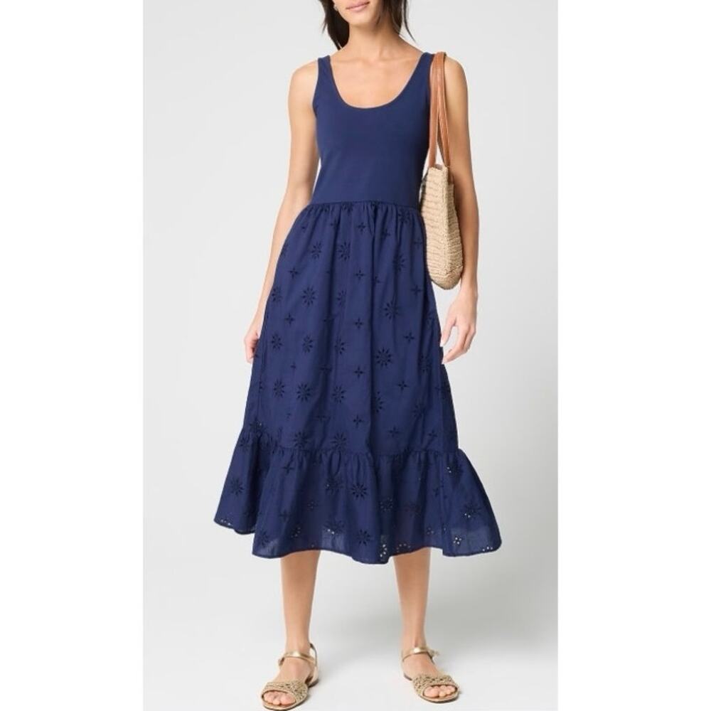 NWT J.Crew Factory Eyelet Mixed-Media Midi Dress Antique Navy Blue Size Medium